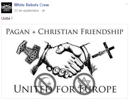 Imagen de la propuesta de alianza pagano-cristiana contra el judaísmo y el Islam en la página de Facebook de White Rebels Crew