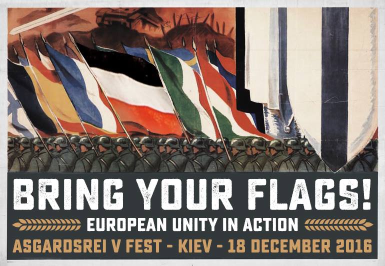Cartel de estilo nazi-fascista para el Asgardsrei V, apelando a que cada nación aporte su bandera en una demostración de “verdadera unidad europea en acción”.