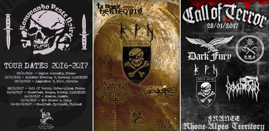 Carteles de los conciertos de Peste Negra. A la izquierda, los conciertos de sus giras, dos de ellos ya anulados, uno por la prohibición que afecta a KPN en Alemania, el segundo por la presión ejercida para que no actuaran en Noruega (Blastfest).